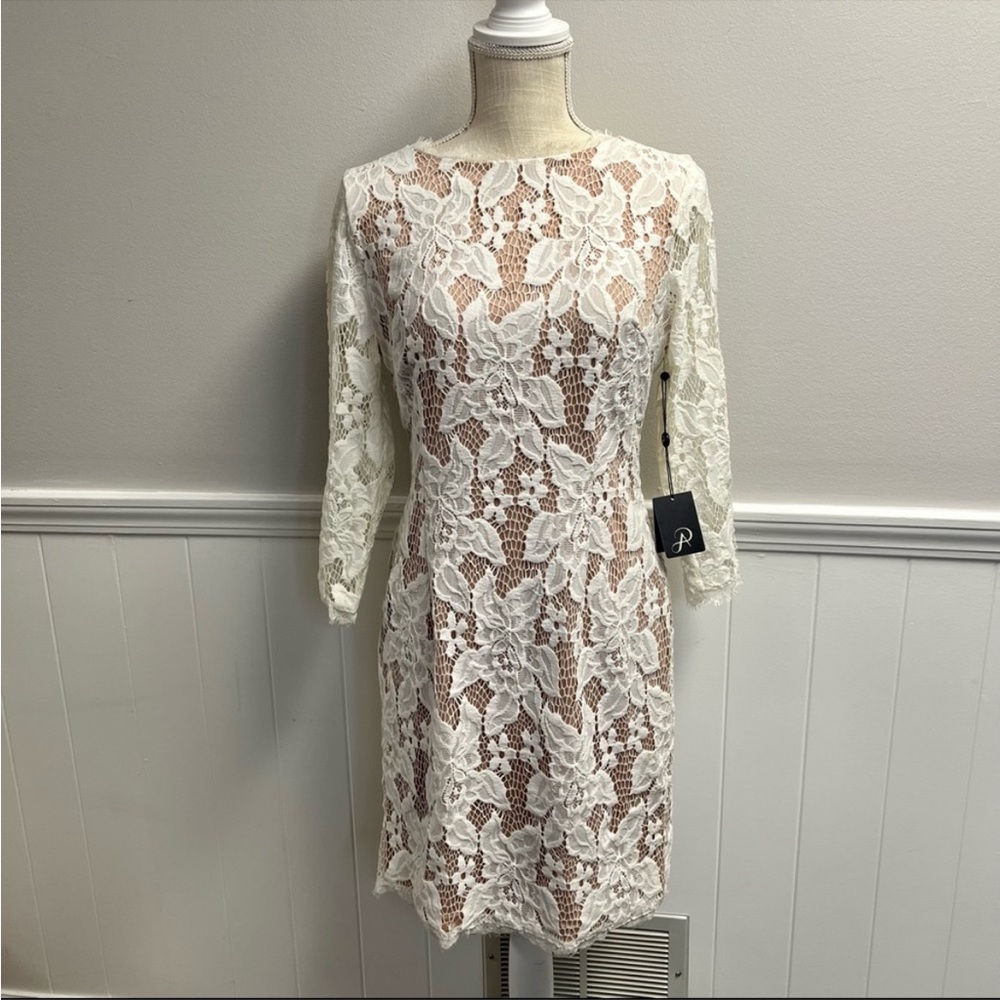Adrianna Papell Long Sleeve White Nude Lace Mini Dress Size 8